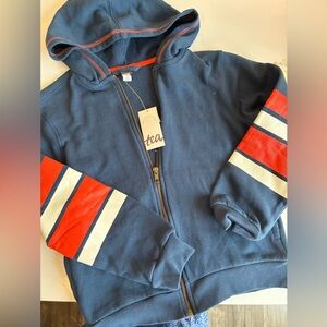 Tea navy blue orange and white striped boys zip up size 8 NWT